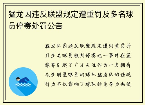 猛龙因违反联盟规定遭重罚及多名球员停赛处罚公告
